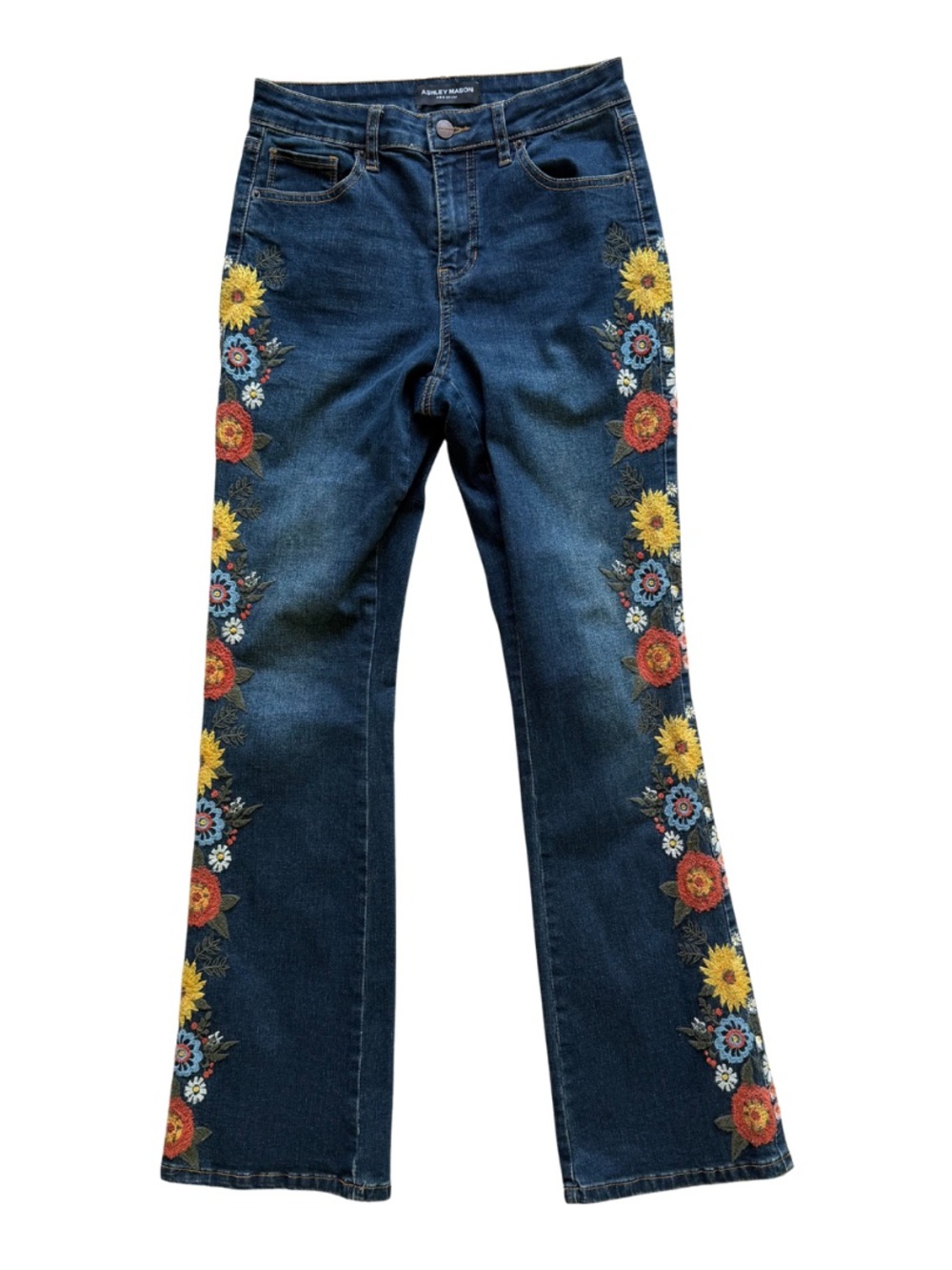 Ashley Mason Dark Blue Flare Jeans with Multicolor Floral Embroidery